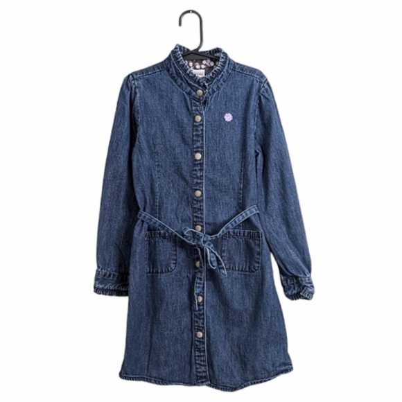 Gymboree Girl Blue Denim Jean Dress Button Down Long Sleeve Belted Pockets 8 - Picture 1 of 9